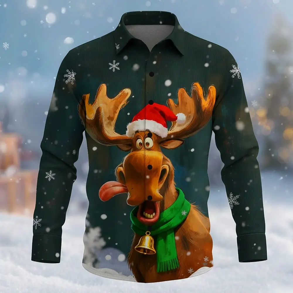 Funny Elk Graphic Long Sleeve Shirt For Men Women 3D Printed Christmas Animal Pattern Lapel Shirts Autumn Winter Casual Clothing