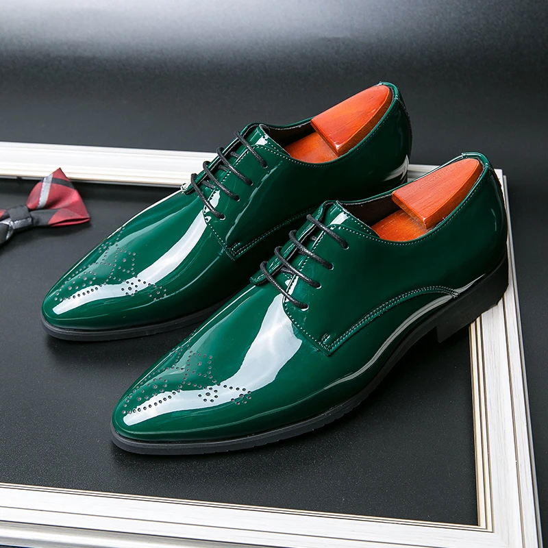 Green Fashion Mirrors Pointed Men Dress Shoes Elegance Man Party Shoes Lace-up Mens Leather Shoes zapatos para hombre de vestir