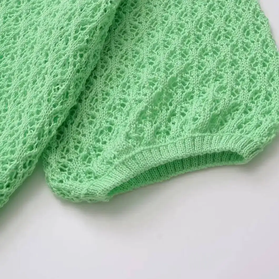 Women Jacquard Solid Knitted Hollow Out Pullover Sweater Vintage Lapel Neck Short Sleeve Female Chic Lady Tops