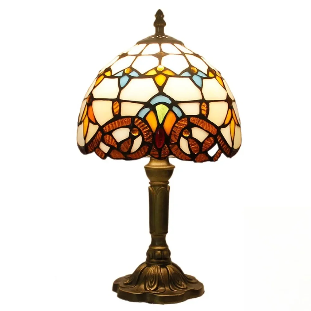 8inch Tiffany Stained Glass Beige Baroque Lampshade Table Lamp American Living Room Bedroom Night Light Villa Hotel Desk Lamp