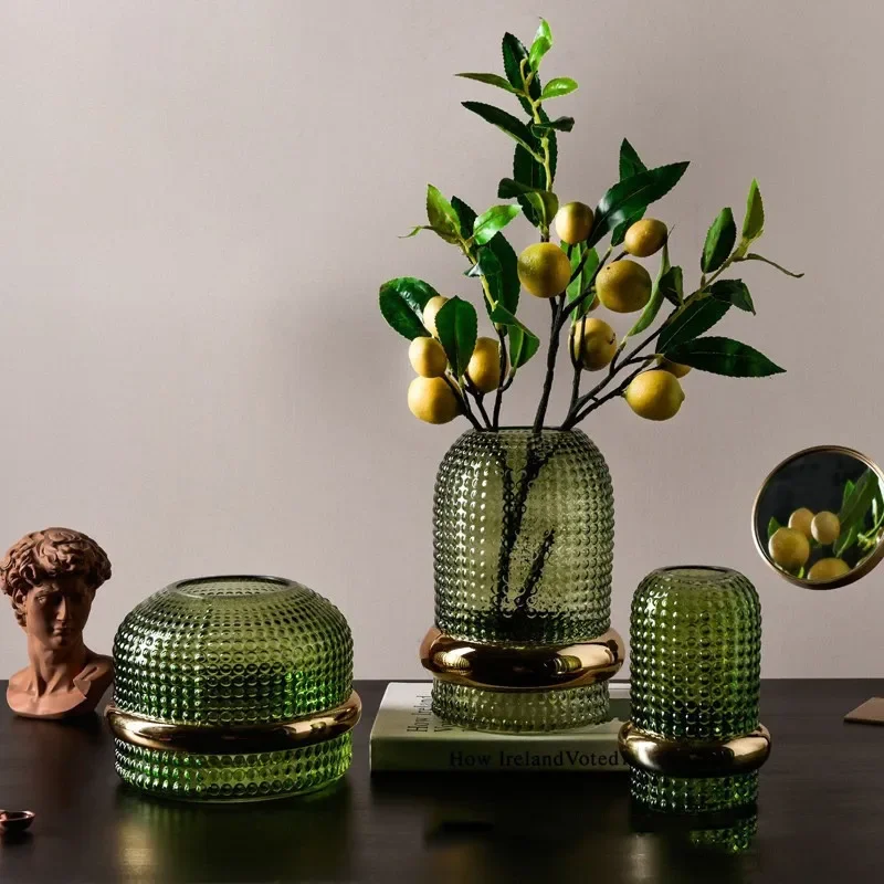 

European Dark Green Gold Border Glass Vase Flower Arrangement Hydroponic Flower Vase Plant Potted Indoor Desktop Decoration Gift