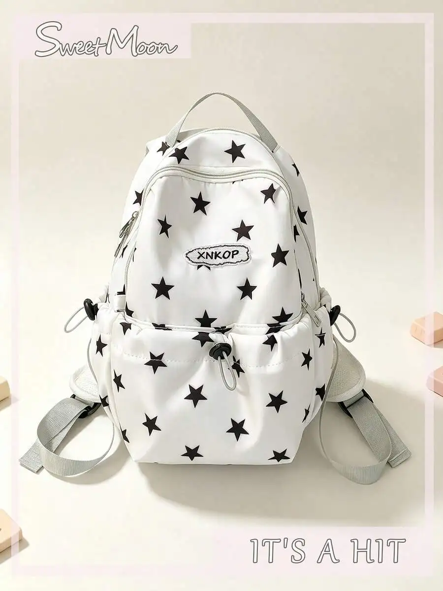 1pc White Nylon Casual Minimalist Star Full Print Letter Patch Comfortable Shoulder Strap Zipper Closure Large Capacity Foldable