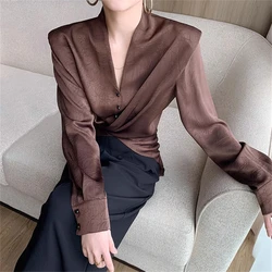 2024 Autumn Women Fashion Vintage Elegant Shirts Office Lady Commute V Neck Slim Blouses Solid Long Sleeve Irregular Tunic Tops