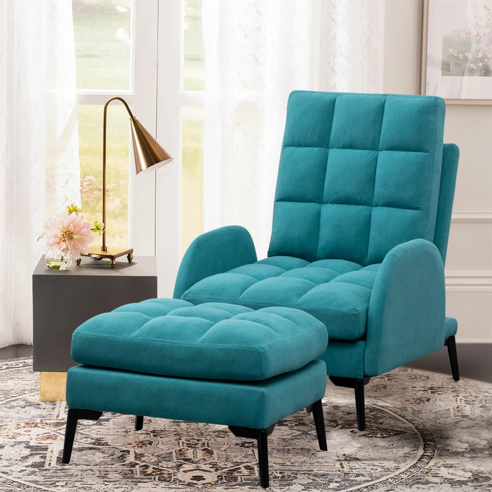 Green Frosted Velvet Recliner Armchair with Thickened Footstool Living Room Furniture Lounge Chair