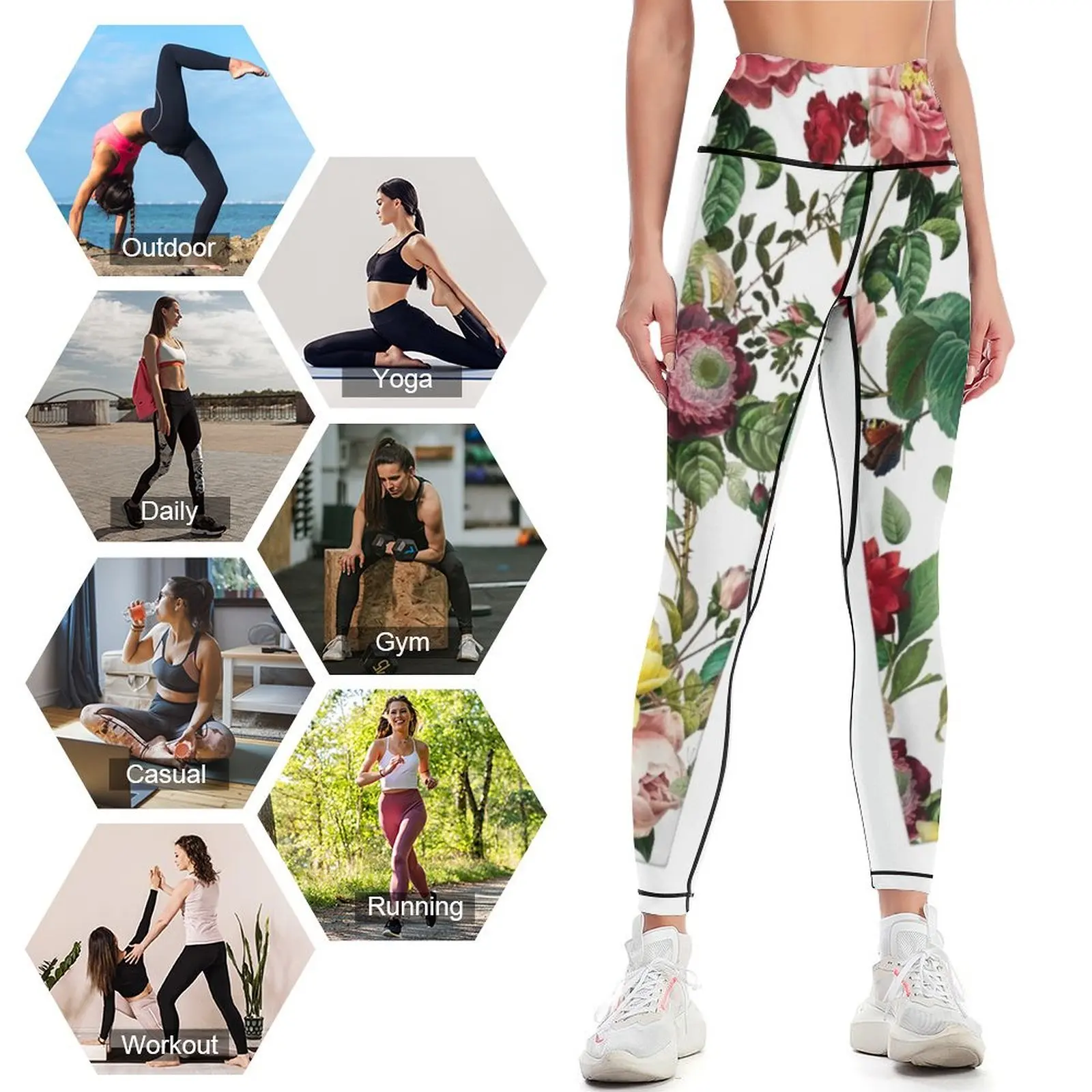 White print with pink heirloom roses Leggings Golf wear Women's push up joggers for Womens Leggings