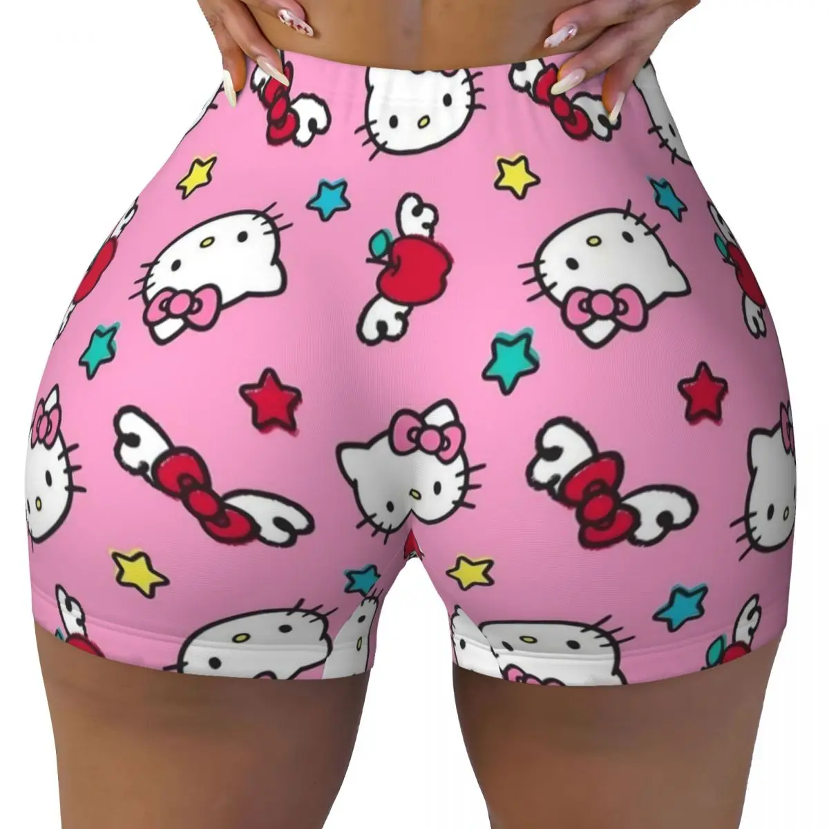 Pink Hello Kitty Cartoon Quick Dried Yoga Short Women's Scrunch Fitness Workout Gym Wear