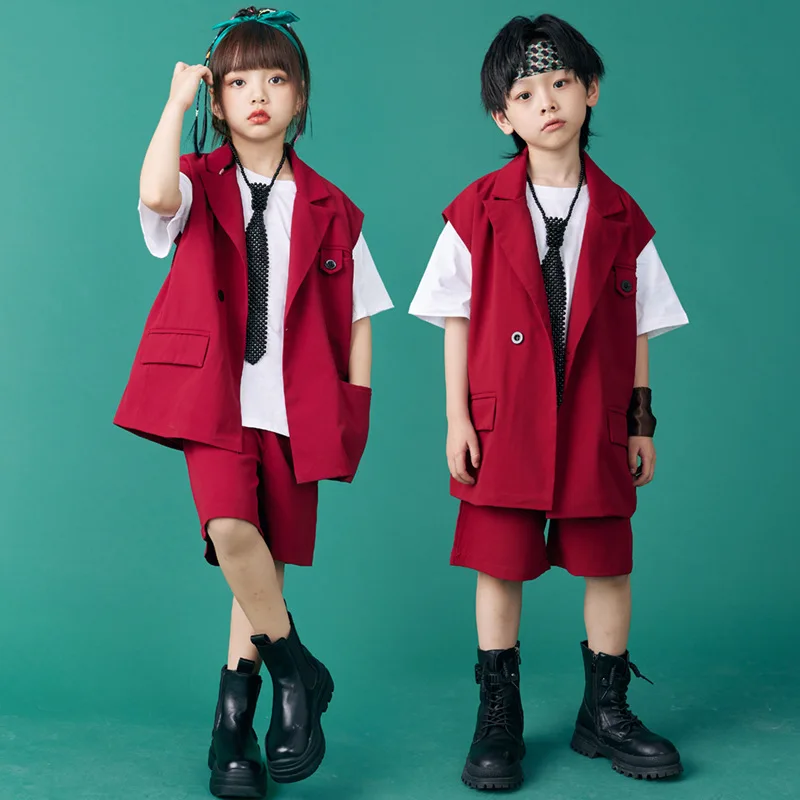 Girls Street Dance Outfits Summer Burgundy Lapel Waistcoat Sleeveless Blazer Elastic Waist Shorts 2pcs Children's Boy's Clothing