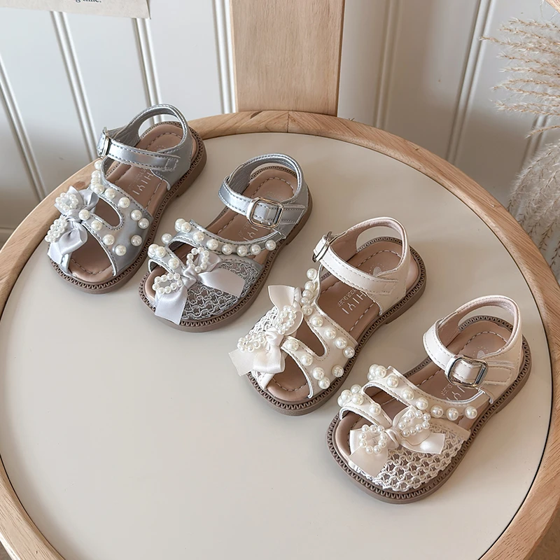 

Half-cover Toe Girls' Sandals with Pearl Decoration Roman-style Children's Shoes Girls' Summer Holiday Party Student Sandals