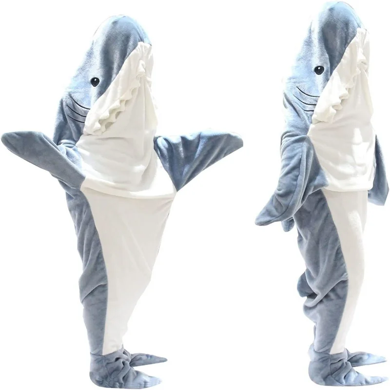 Cartoon Shark Sleeping Bag Soft Flannel Blanket Pajamas Office Cozy High Quality Fabric Shawl Blanket for Adult