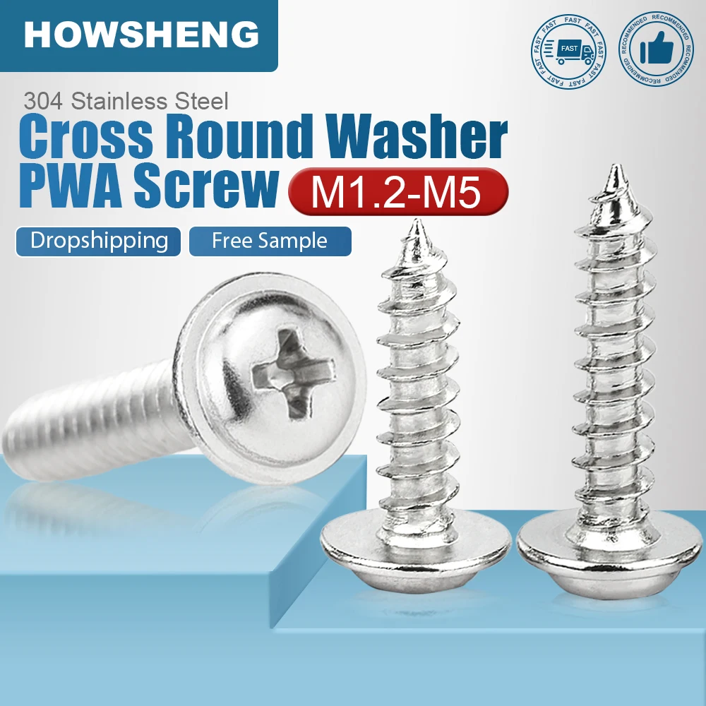 HOWSHENG-tornillo autorroscante de cabeza redonda cruzada con almohadilla, 20-200 piezas, M1.4, M1.7, M2, M2.6, M3, M4, M5, de acero inoxidable, PWA