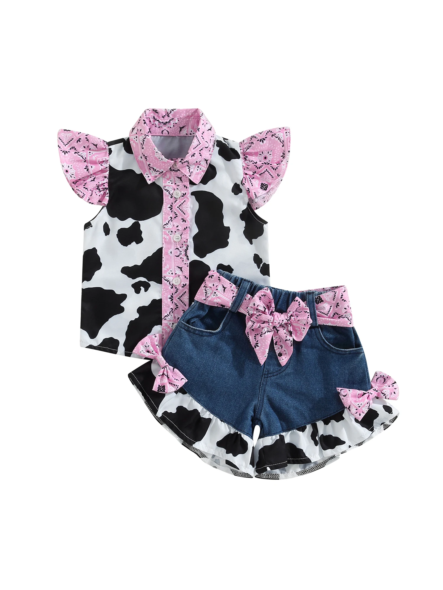 2023 1-6Y Kids Girl Summer Outfits Cow Print Turn-Down Collar Fly Sleeve Tops Bow Denim Shorts with Belt 2Pcs Clothes Set