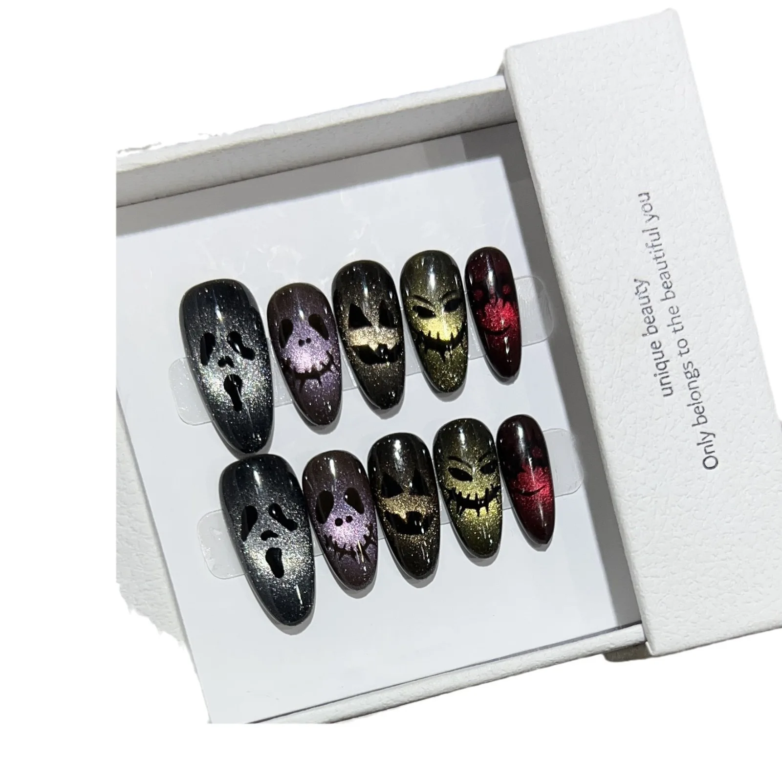 YTYIN بالجملة أظافر أكريليك يمكن ارتداؤها للهالوين قابلة للتخصيص على شكل عين القطة السوداء تصميم على شكل قلب وحش هيكل عظمي مضحك داكن #4