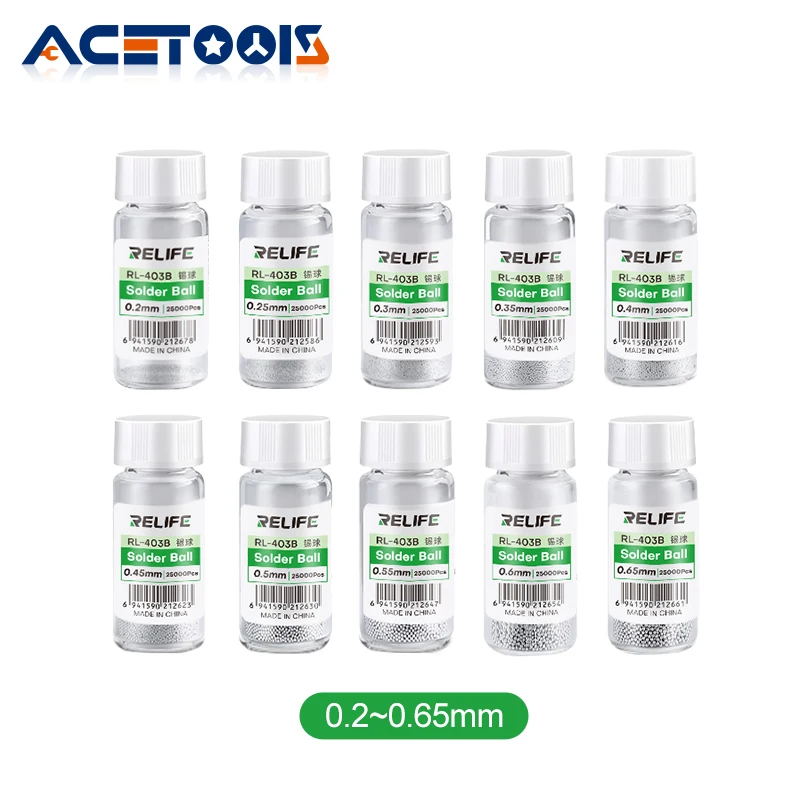 

RELIFE RL-403B 183°C Leaded Solder Balls 25000Pcs/Bottle 0.2 0.25 0.3 0.35 0.4 0.45 0.5 0.55 0.6 0.65mm BGA Rework Chip Repair