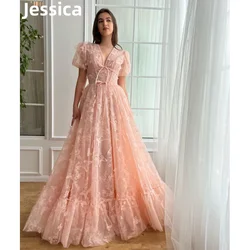 Jessica Pink Sweet 3D Flowers Prom Dresses Tulle A-shaped Fairy Wedding Evening Dresses Formal Party Dresses Vestidos De Noche