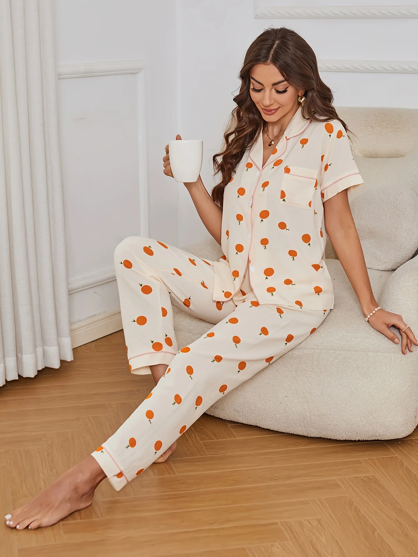 Allover Orange Print Pajama Set Casual Short Sleeve Buttons Lapel Top & Elastic Pants Women\'s Sleepwear