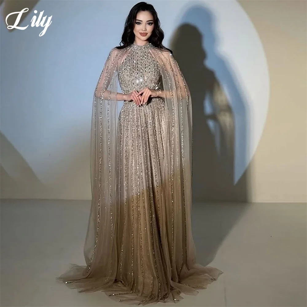 Lily Champagne High Neck Party Dress Beaded Long Cape Sleeve Evening Dresses Pleated فستان سهرة A Line Prom Gown Customized