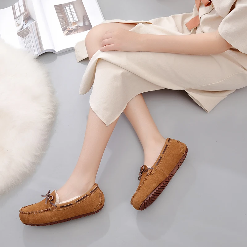 

Top brand 100% Genuine Leather Thick Plush Women Flat Shoes New Fashion Women Moccasins Casual Loafers Plus Size Winter shoes