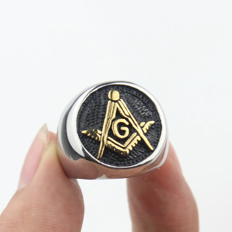 Mens Black Gold Color Embossed Stamped Freemason Masonic Stainless Steel Biker Ring