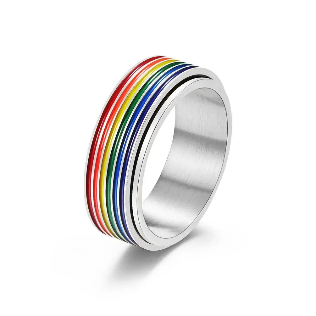 Rainbow Color Anxiety Rings For Women Men Stainless Steel Rotate Freely Fidget Spinning LGBT Pride Ring Accessories Jewelry