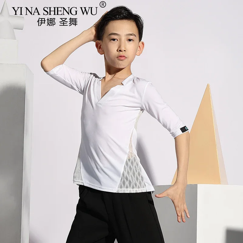 Camiseta de baile latino para hombre, ropa de actuación de competición profesional, Top hueco con espalda en blanco y negro, cómodo y transpirable