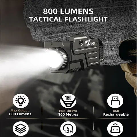 Tactical Flashlight 800 Lumens LED Light with Pistol Picatinny and GL Rails USB Rechargeable Strobe Mode