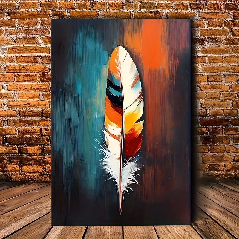 (No frame)2D Flat, 2D Flat, Featuring a Frame, This WALL ART Showcases Local American Feathers in Turquoise Blue, Orange Red,
