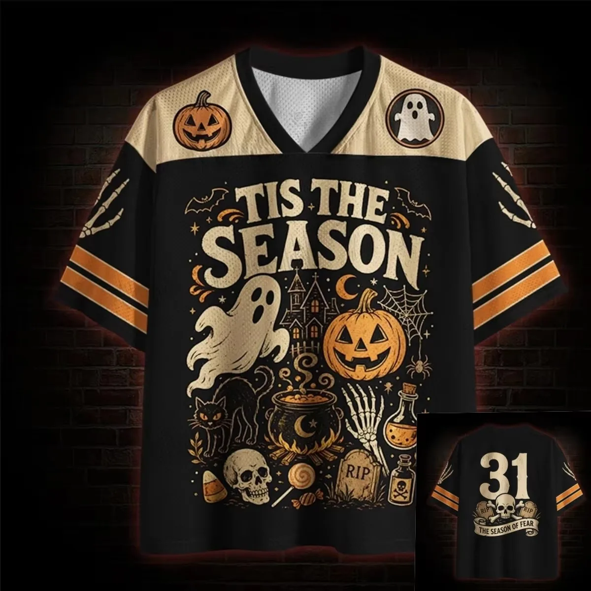 2026 Halloween Retro Gothic Dark Unisex Jersey with Retro Skull Pumpkin Fire Print V-neck Short Sleeved Casual Quick Drying