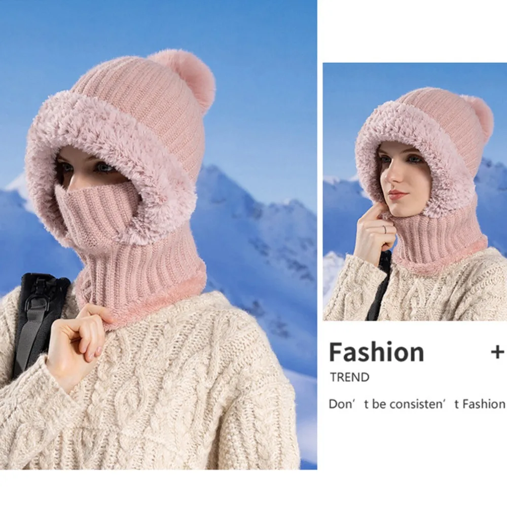 Fashion Winter Knitted Woolen Hat Velvet Ear Protection Balaclava Hat Comforable Fluffy Ski Cap Women