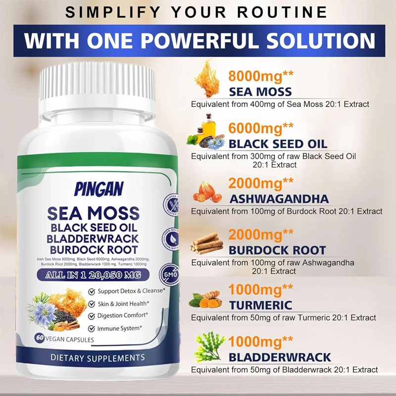 

60 Capsules of Seaweed 20050mg Irish Seaweed, Black Seed Oil, Ashwagandha, Burdock Root, Bladerwack, Turmeric
