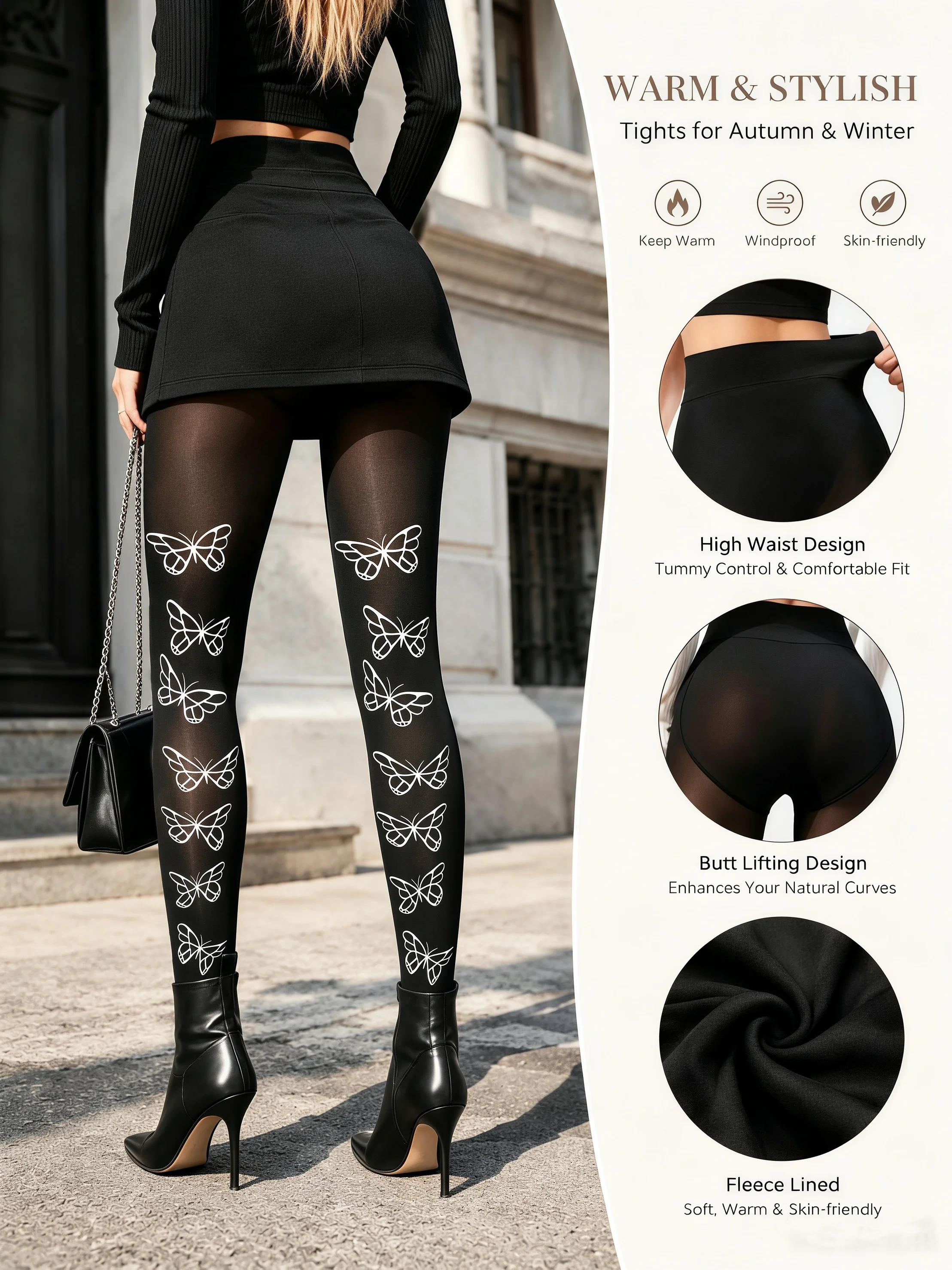 

1Pc 80g Unique White Butterfly Print Leggings High Waist High Stretch Trendy Streetwear for Hot Girls Versatile Skinny Pants