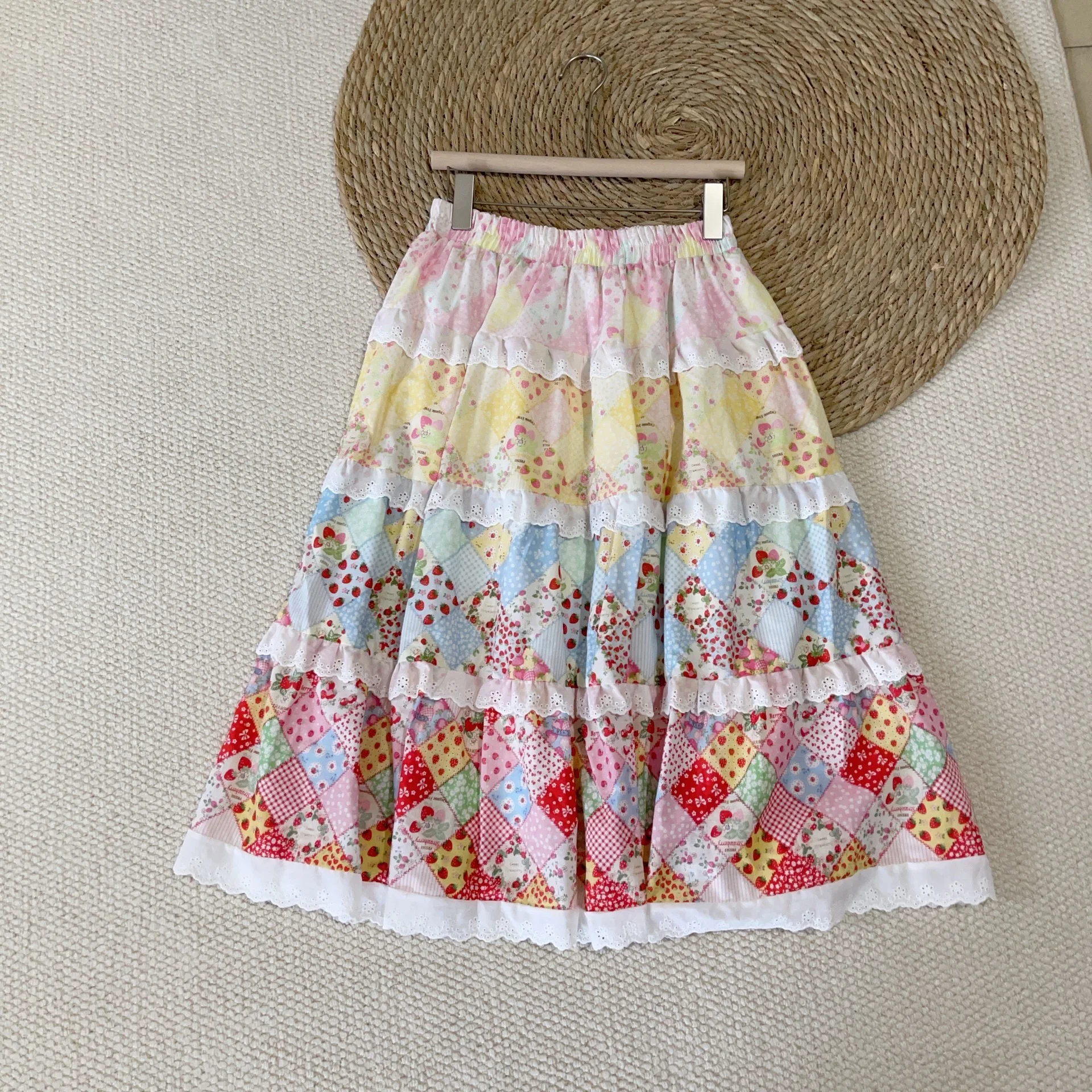 

2025 Autumn women clothing mori girl kawaii design 100% cotton print lace patchwork midi skirts sweet lolita clothing