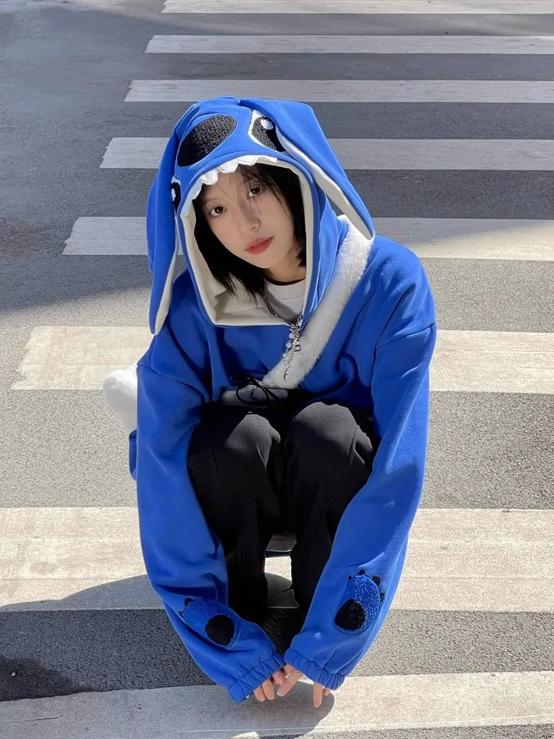 Disney Stitch Cartoon Fashion Jackets Zip-Up Sweatshirt Cotton Y2k Plush Thick Autumn Winter Hooded Hoodies Coat Clothes