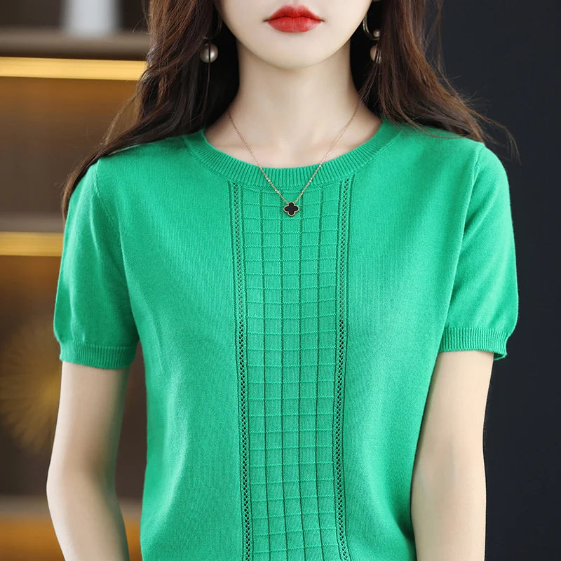 100% Cotton Women'S Short-Sleeve Round-Neck T-Shirt Summer Thin Loose-Fitting Half-Sleeve Knitted Base Shirt Solid Color Top