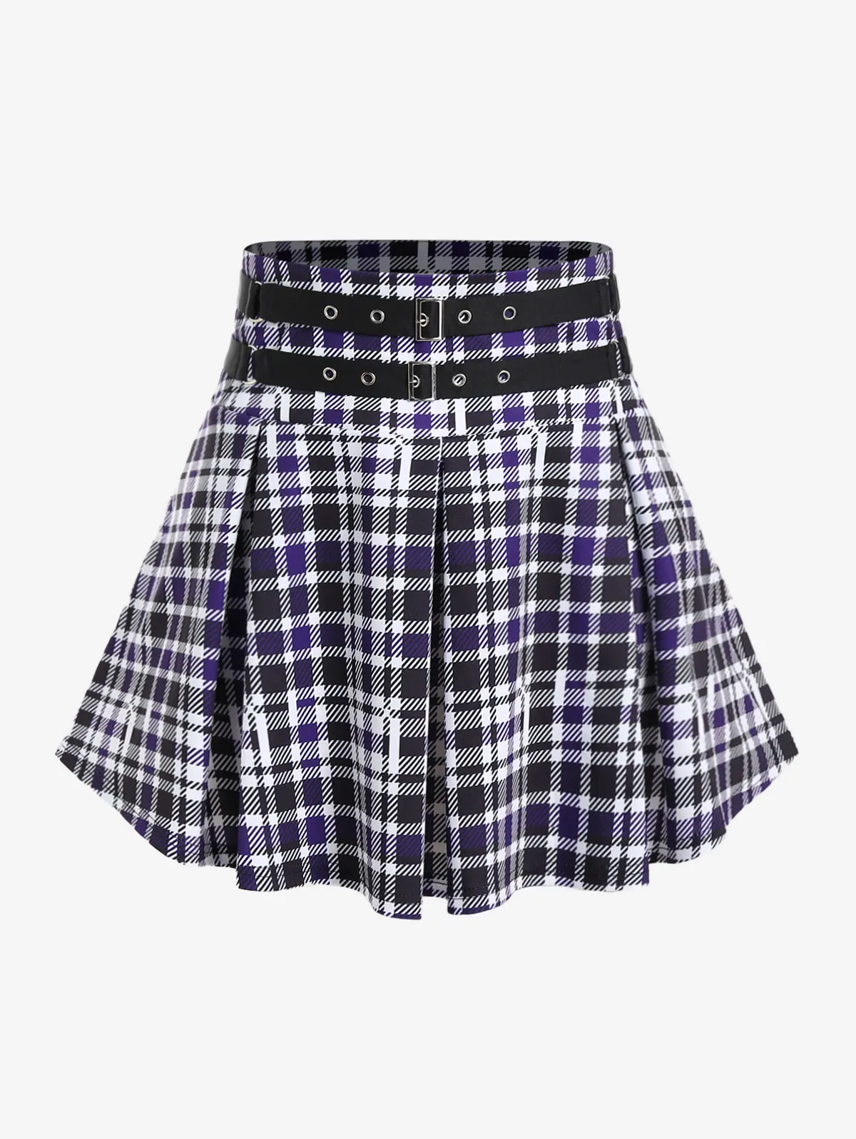 ROSEGAL Mini Pleated Skirts Plus Size Checked Buckle Grommets Plaid Detail Skirt Ladies Elastic Waist Streetwear Basics Bottoms