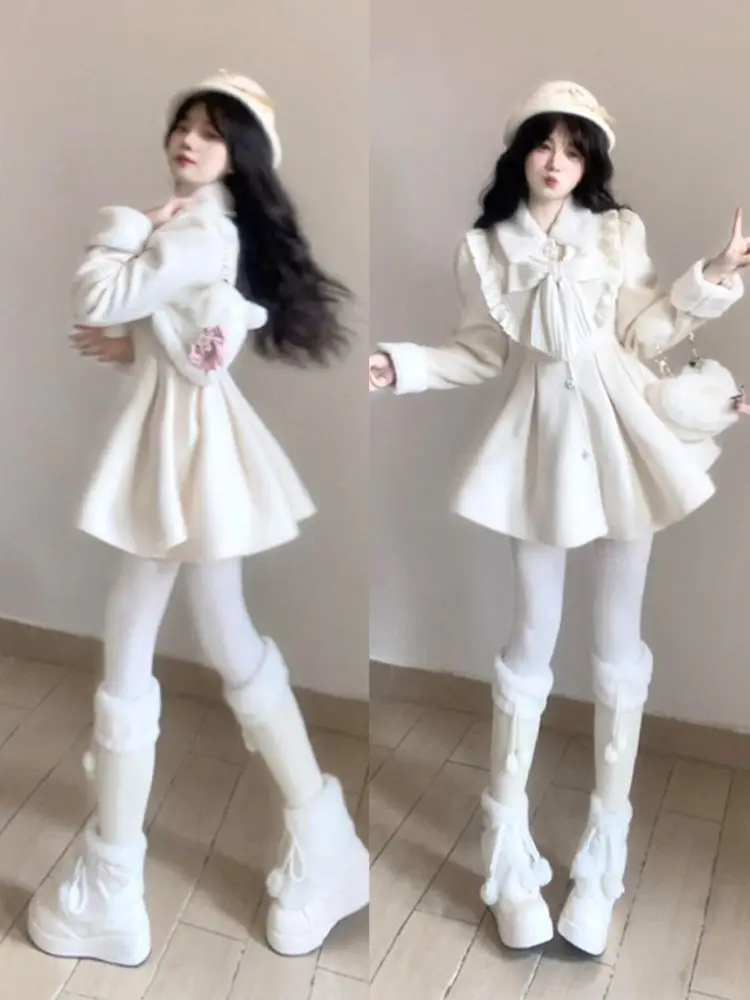 

Новое французское милое зимнее шерстяное пальто с тонким бантом, модный дизайн, теплое пальто с длинными рукавами, элегантная красивая одежда High Street