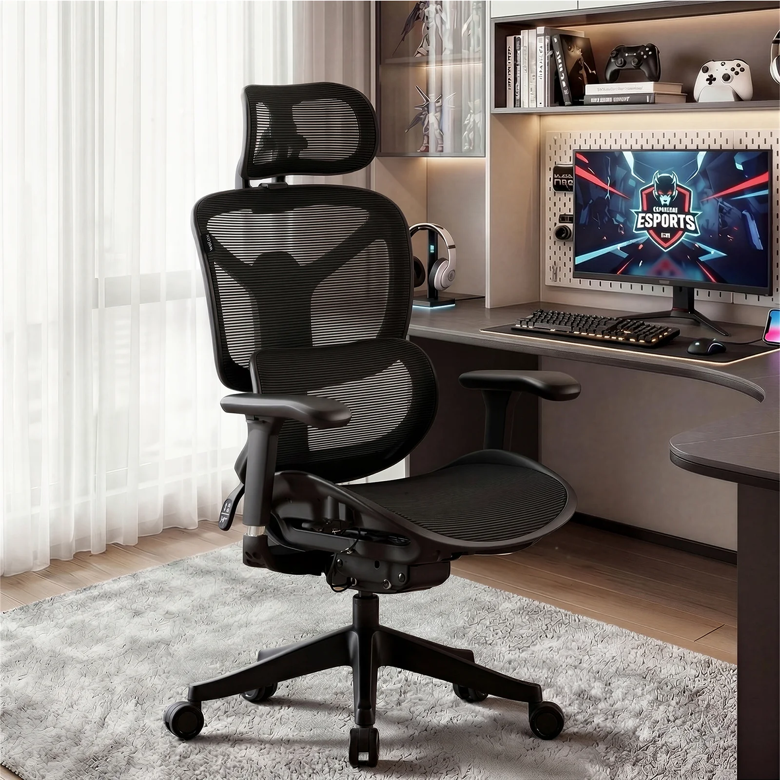 Chaise de bureau ergonomique WELAX S9 avec dossier en maille, dossier haut, support lombaire, accoudoirs réglables dans quatre directions et roulettes – chaise de bureau et de jeu confortable