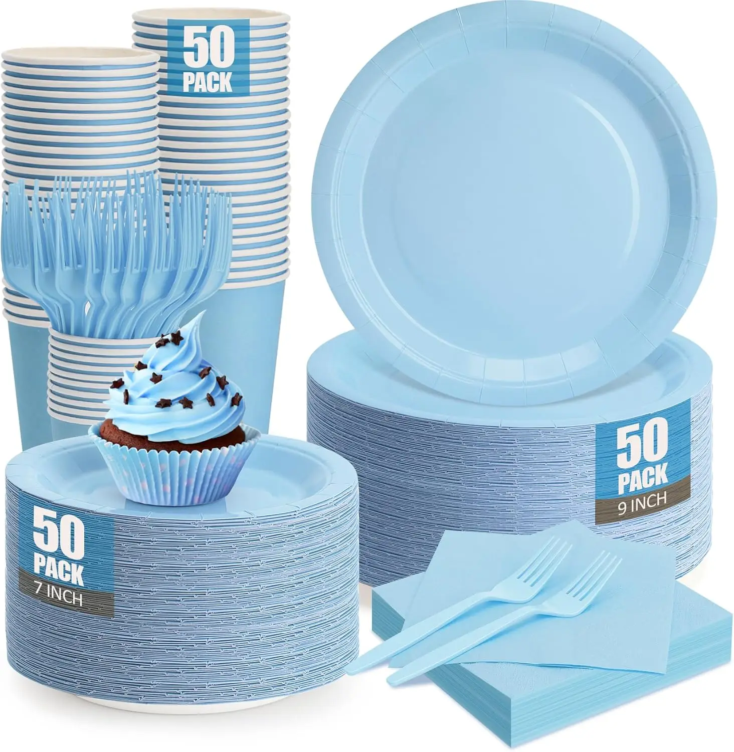 

250Pcs Light Blue Paper Plates and Napkins Supplies Include 9’’Paper Party Plates, 7’’Dessert Plate Cups Napkins For