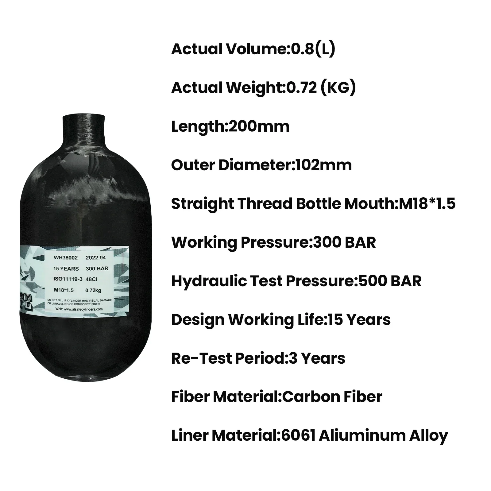 Imagem -04 - Cilindro de Fibra de Carbono com Válvula Reguladora Cilindro o Hpa Scuba Diving Tank M18 1.5 0.8l 4500psi 300bar 800cc 48ci de Alta Pressã