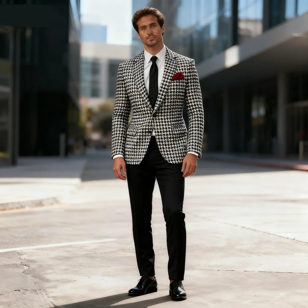 

Men's Houndstooth Tuxedo Jacket Smoking Black And White Checkered Blazer American Style Notch Lapel Wedding Formal Wear 1 Piece