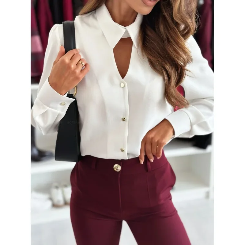 เสื้อเชิ้ตผู้หญิงแฟชั่นสีพื้นเรียบง่าย ปกเสื้อแบบลำลอง แขนยาว ติดกระดุมแถวเดียว ดีไซน์เว้าช่วงตัว