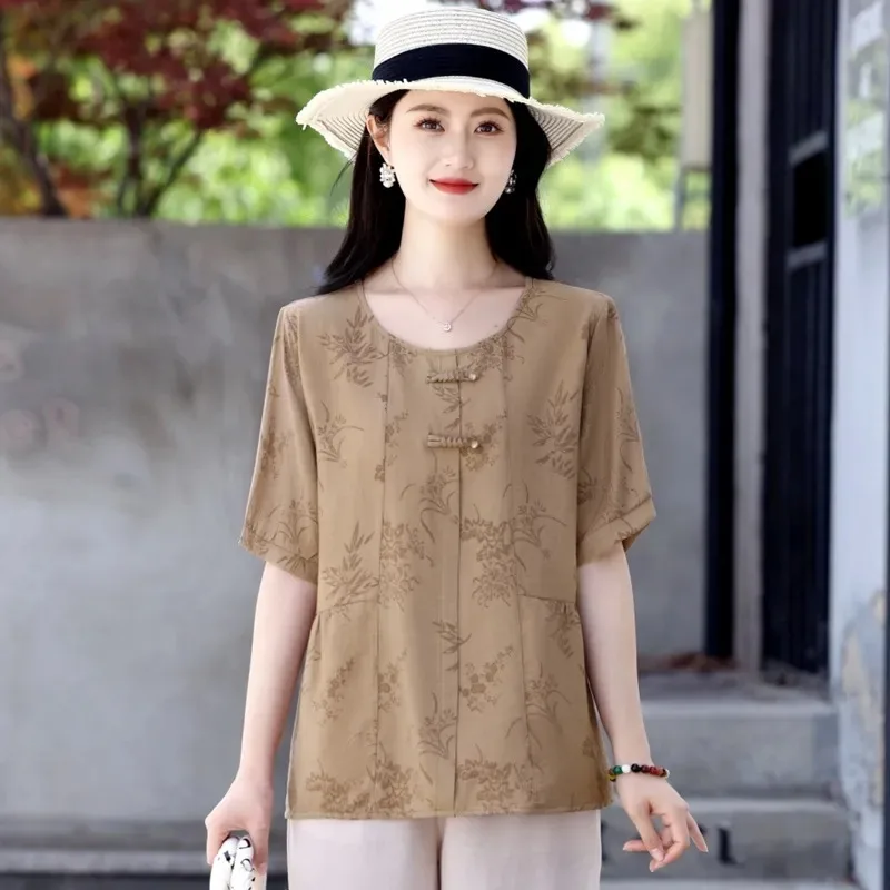 

Women's Linen Cotton Blouse Chinese Knot Button Floral Print Round Neck Short Sleeve Casual Loose Top
