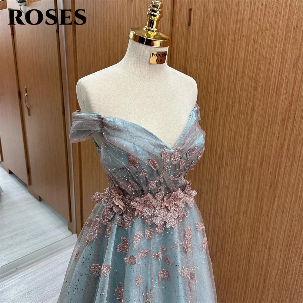 Rosen von der Schulter charmante Ballkleid Kleid Applikationen Spitze Abendkleid Pailletten Strand Tüll Abendkleid Vestidos de Noche