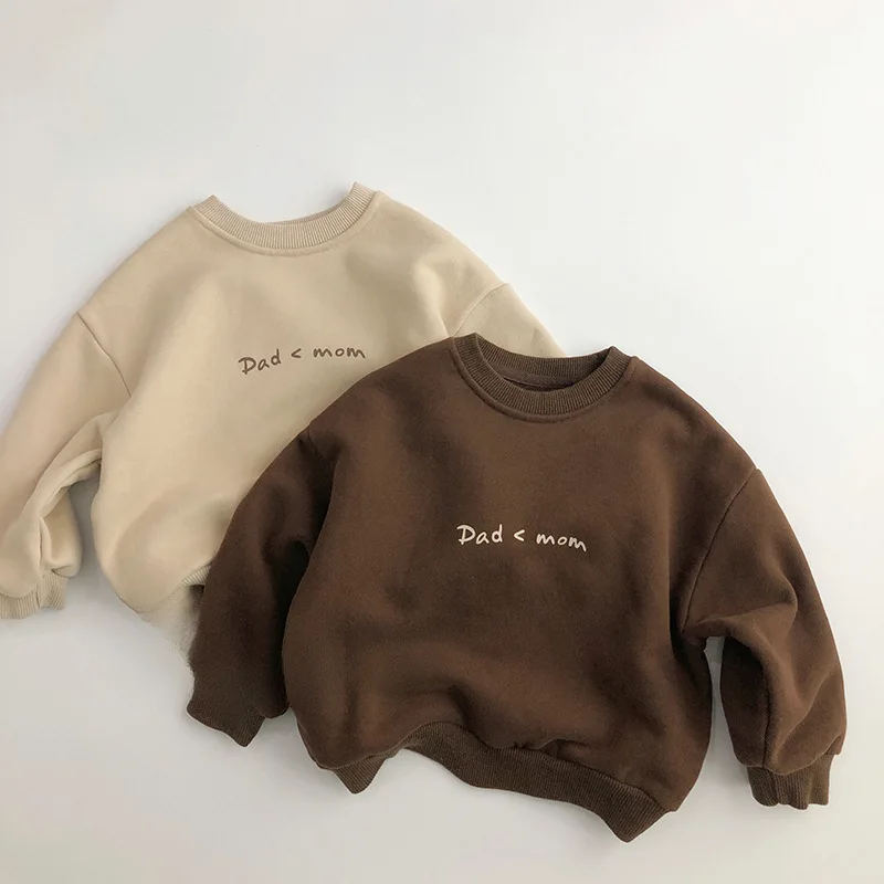

2025 Winter New Children Fleece Sweatshirt Boys Girls Letter Print Pullover Baby Plus Velvet Thick Tops Kids Warm Sweatshirt