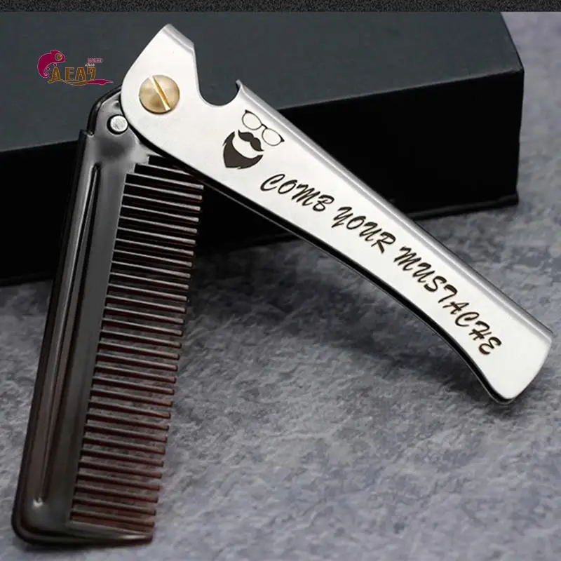 AEA9-1 Pcs Men Folding Pocket Comb PP Teeth Detangling Hair Beard Comb Metal Handle Foldable Combing Facial Mustache Comb