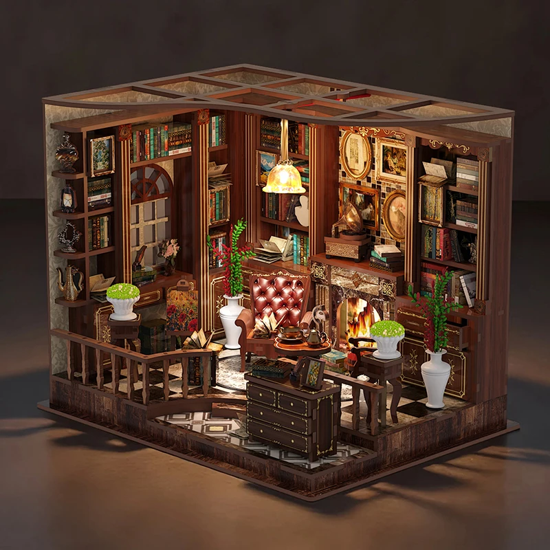 Retro Classic Collection DIY Wooden Book Nook Shelf Insert Miniatures Dollhouse Kits Bookshelf Home Decor Xmas Birthday Gifts