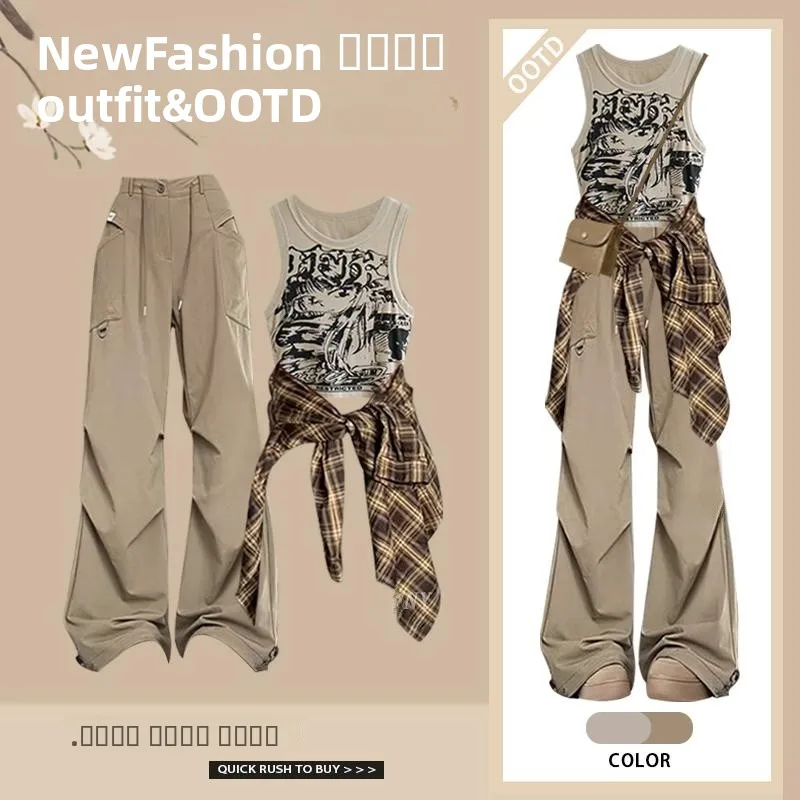 

Весенний женский комплект Faion в американском стиле ort Sve round Ne Plaid, солнцезащитный жилет и брюки, костюм-футболка