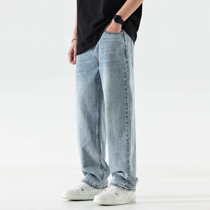 2024 new spring and summer light blue influx of casual jeans straight loose drop feeling wide-leg men's pants