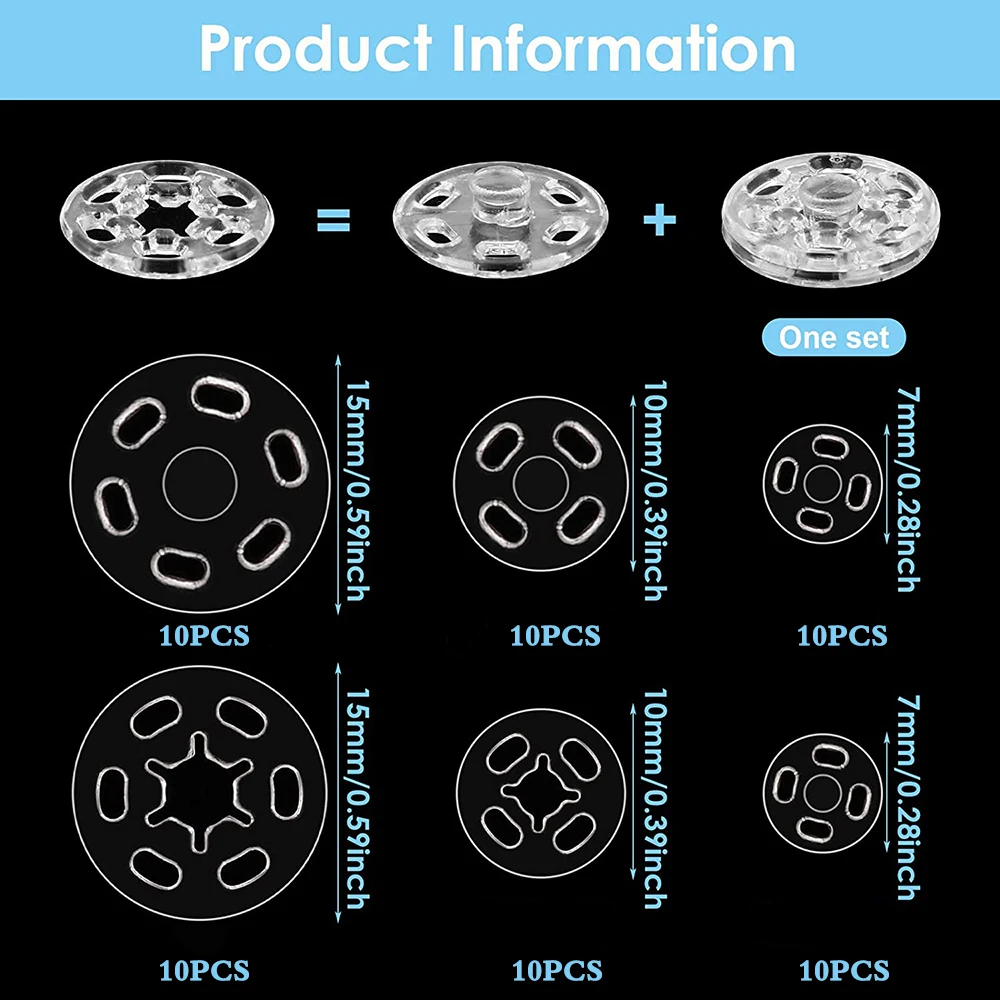 30 paia 7/10/15mm bottoni automatici da cucire in plastica bottoni automatici invisibili bottoni rotondi trasparenti per cucire abbigliamento fai da