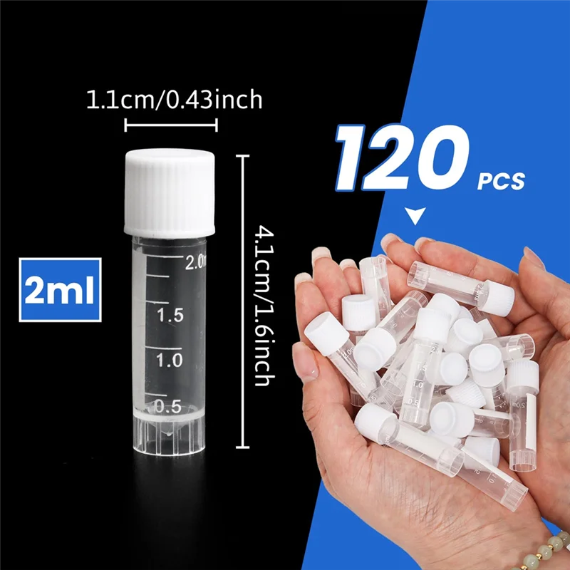 Flacons en plastique de laboratoire gradués de 2 Ml, 120 Tubes à essai avec capuchon pour école éducative congelée pour utilisation en laboratoire