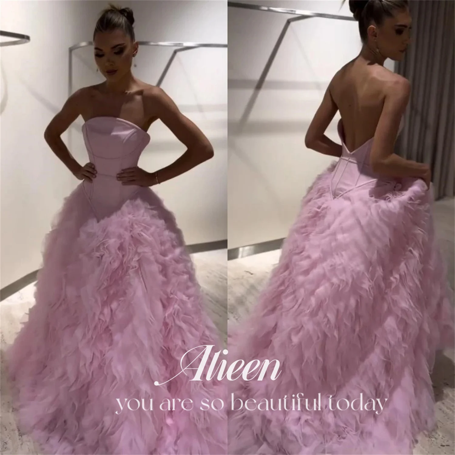 Aileen Roze Meerlagige Mesh Strapless Backless Saudi Avondjurken 2024 Luxe Trouwfeestjurk Galajurk